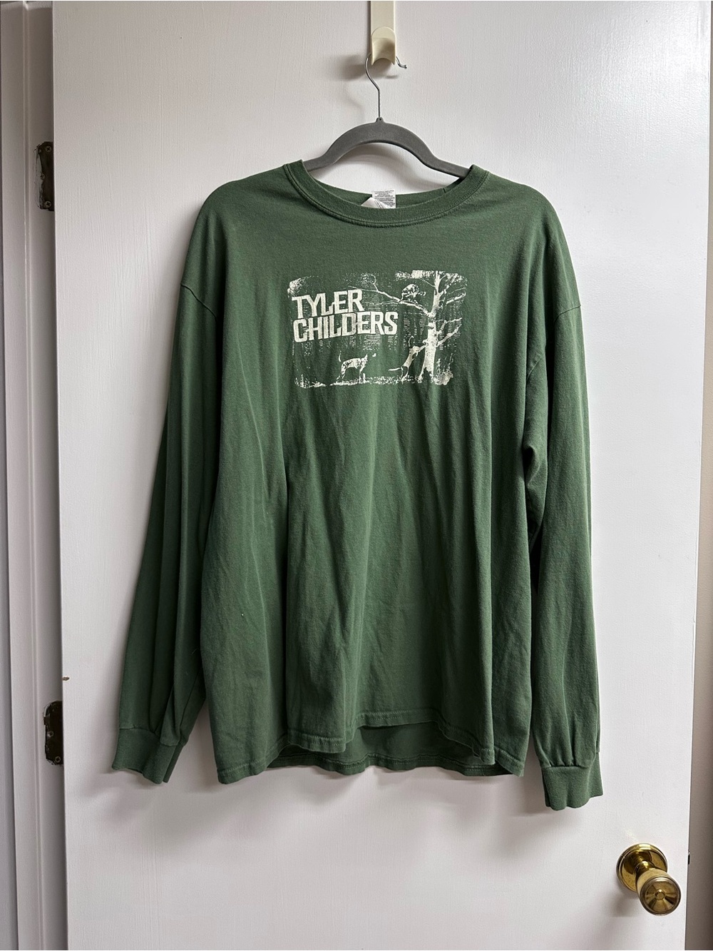 Gildan Long Sleeve Tee in Olive Green with White Graphic